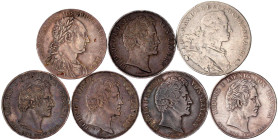 Bayern
Lots
7 Taler und Doppeltaler: Gedenkdoppeltaler 1839 Reiterstandbild, 1842 Hochzeit, 1846 Ludwigscanal, Geschichtstalerprobe 1927 (AM 12 DEC....