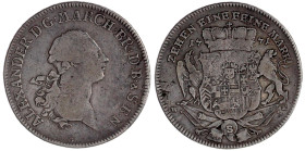 Brandenburg-Ansbach
Alexander, 1757-1791
Konventionstaler 1771 G, Schwabach. 27,69 g. schön/sehr schön. Davenport. 2001.