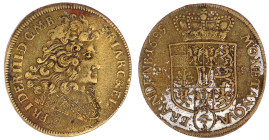 Brandenburg-Preußen
Friedrich III., 1688-1701
Zeitgen. Fälschung des 2/3 Taler 1689 LCS, Berlin. 15,93 g. Messing, Versilberungsreste. sehr schön. D...