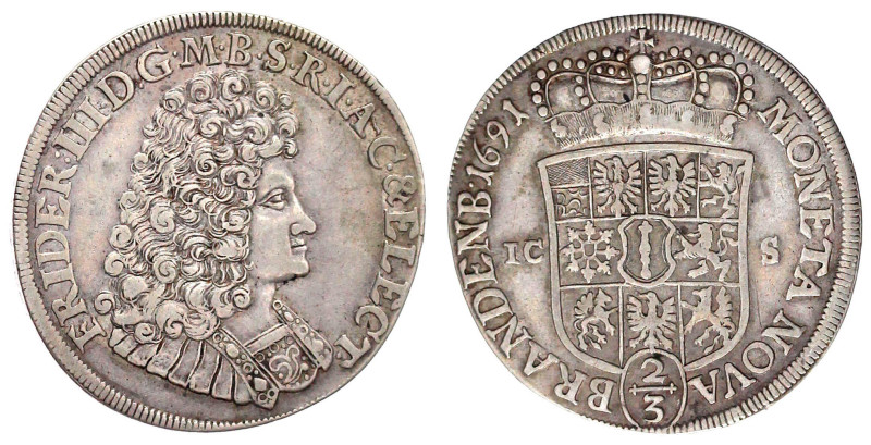 Brandenburg-Preußen
Friedrich III., 1688-1701
2/3 Taler 1691 ICS, Magdeburg. 1...