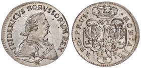 Brandenburg-Preußen
Friedrich II., 1740-1786
Sechsgröscher 1752 E, Königsberg. fast Stempelglanz, Prachtexemplar. Olding 199a.