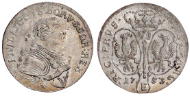 Brandenburg-Preußen
Friedrich II., 1740-1786
Sechsgröscher 1753 E, Königsberg. vorzüglich/Stempelglanz, Prägeschwäche. Olding 202.