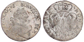 Brandenburg-Preußen
Friedrich II., 1740-1786
Sechsgröscher 1754 E, Königsberg. vorzüglich/Stempelglanz. Olding 204.