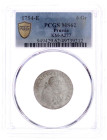 Brandenburg-Preußen
Friedrich II., 1740-1786
Sechsgröscher 1754 E, Königsberg. PCGS Grading MS62. gutes vorzüglich, kl. Schrötlingsfehler. Olding 20...