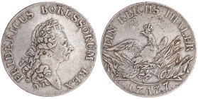 Brandenburg-Preußen
Friedrich II., 1740-1786
Reichstaler 1777 A, Berlin. 21,86 g. fast sehr schön. Olding 70. Davenport. 2590.