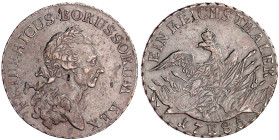 Brandenburg-Preußen
Friedrich II., 1740-1786
Reichstaler 1785 E, Königsberg. 22,00 g. sehr schön, kl. Randfehler und nur wenig justiert, Henkelspur....