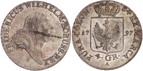 Brandenburg-Preußen
Friedrich Wilhelm II., 1786-1797
4 Groschen 1797 A, Berlin. massiver Schrötlingsfehler, sonst vorzüglich/Stempelglanz. Jaeger 21...