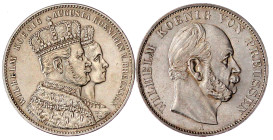 Brandenburg-Preußen
Wilhelm I., 1861-1888
2 Stück: Krönungstaler 1861 A, Siegestaler 1871 A. beide vorzüglich. AKS 116, 118.