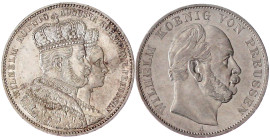 Brandenburg-Preußen
Wilhelm I., 1861-1888
2 Stück: Krönungstaler 1861 A, Siegestaler 1871 A. beide vorzüglich. AKS 116, 118.