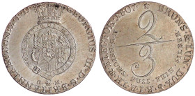 Braunschweig-Calenberg-Hannover
Georg III., 1760-1820
2/3 Taler 1807 GM (Georg Friedrich Michaelis), Clausthal. Mz. nur GM. Stempelglanz, Prachtexem...