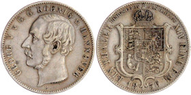 Braunschweig-Calenberg-Hannover
Georg V., 1851-1866
Ausbeutetaler 1856 B. Bergsegen des Harzes. sehr schön, kl. Randfehler, selten. Jaeger 86. AKS 1...