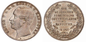 Braunschweig-Calenberg-Hannover
Georg V., 1851-1866
Vereinstaler 1865 B Zur 50 jähr. Vereinigung Ostfrieslands mit Hannover. Auflage nur 1000 Exempl...