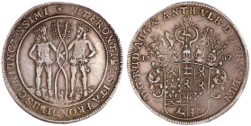 Braunschweig-Wolfenbüttel
Rudolf August und Anton Ulrich, 1685-1704
Eintrachtstaler 1687, Zellerfeld. Zwei wilde Männer. 29,00 g. sehr schön, winz. ...