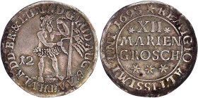 Braunschweig-Wolfenbüttel
Rudolf August und Anton Ulrich, 1685-1704
12 Mariengroschen 1695 ***, Zellerfeld. Wilder Mann. sehr schön. Welter 2086.