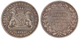 Bremen-Stadt
Taler 1865 B. Zweites deutsches Bundesschießen. vorzüglich, schöne Patina. Jaeger 27. Thun 126. AKS 16.