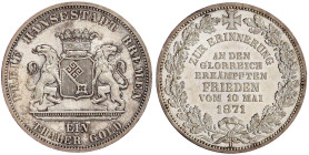 Bremen-Stadt
Taler 1871 B. Frieden vom 10. Mai 1871. fast Stempelglanz, Prachtexemplar mit feiner Tönung. Jaeger 28. Thun 127. AKS 17.