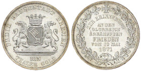 Bremen-Stadt
Taler 1871 B. Frieden vom 10. Mai 1871. fast Stempelglanz, Prachtexemplar. Jaeger 28. Thun 127. AKS 17.