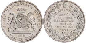 Bremen-Stadt
Taler 1871 B. Frieden vom 10. Mai 1871. vorzüglich, kl. Kratzer. Jaeger 28. Thun 127. AKS 17.