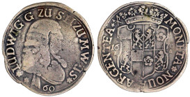 Solms-Hohensolms
Ludwig, 1668-1707
60 Kreuzer 1676, Hohensolms. Porträttyp VI. Mit fünf Blüten auf der Krone der Rückseite sowie die geteilte Jahres...