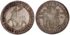 Stolberg-Stolberg
Carl Ludwig und Heinrich Christian Friedrich, 1768-1810
2/3 Taler 1777 EFR. Ausbeute der Stolberger Gruben. 13,00 g. gutes vorzügl...