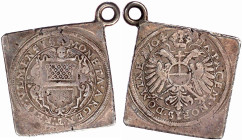 Ulm, Stadt
Gulden (Klippe) 1704. 14,64 g. sehr schön, kl. Schrötlingsfehler, am alten Henkel. Nau 156.