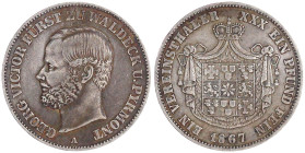 Waldeck
Georg Victor, 1852-1893
Vereinstaler 1867 A. gutes sehr schön, kl. Randfehler, schöne Patina. Jaeger 45. Thun 410. AKS 45.