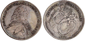 Würzburg-Bistum
Adam Friedrich von Seinsheim, 1755-1779
Madonnentaler 1765 mit L unter Brb. 27,92 g. sehr schön, Avers Felder geglättet. Helmschrott...