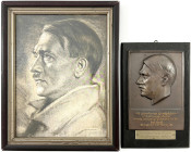 Drittes Reich
2 Teile: Hitlerplakette von Wolff 1933, Zink bronziert auf Holzplatte mit Widmungsschild. 15,5 X 23,5 cm; Druck nach einer Portrait-Koh...