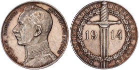 Erster Weltkrieg
Silbermedaille 1914 v. Lauer, auf Wilhelm Kronprinz v. Preussen, den Sieger bei Longwy. Unif. Brb. l./Schwert im Kranz. 33,5 mm, 18,...
