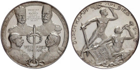 Erster Weltkrieg
Silbermedaille 1916 v. Fritz König, a.d. Waffenbrüderschaft. Die Brb. der vier verbündeten Herrscher/stehender Krieger mit Fackel un...