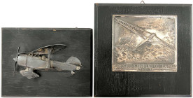 Luftfahrt und Raumfahrt
2 hölzerne Wandbilder mit Metallapplikationen: Plakette Segelflieger "Deutschland muss ein Volk von Fliegern werden!", 25 X 2...