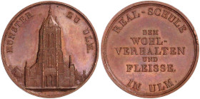 Universitäten und Schulen
Ulm
Bronze-Prämienmedaille o.J. (Mitte 19. Jh.) v. I.I. Neuss. MÜNSTER - ZU ULM. Ansicht des Münsters von Westen vor der V...