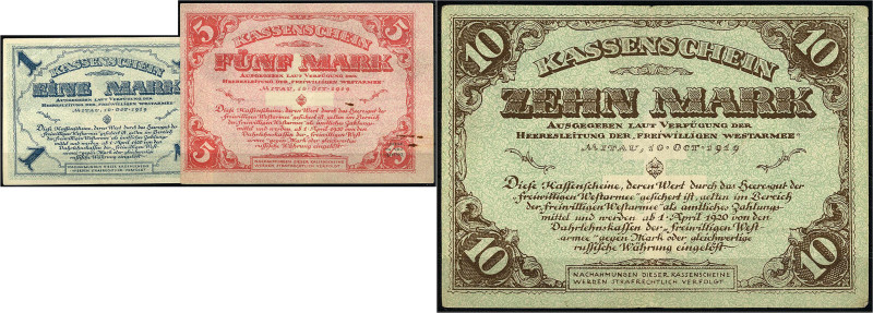 Ausland
Lettland
Mitau, freiwillige Westarmee, 1, 5 u. 10 Mark 10.10.1919. II-...