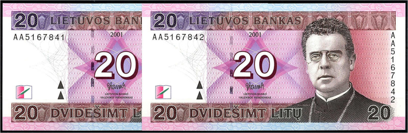 Ausland
Litauen
2x 20 Litu 2001. Folge KN. I. Pick 66.