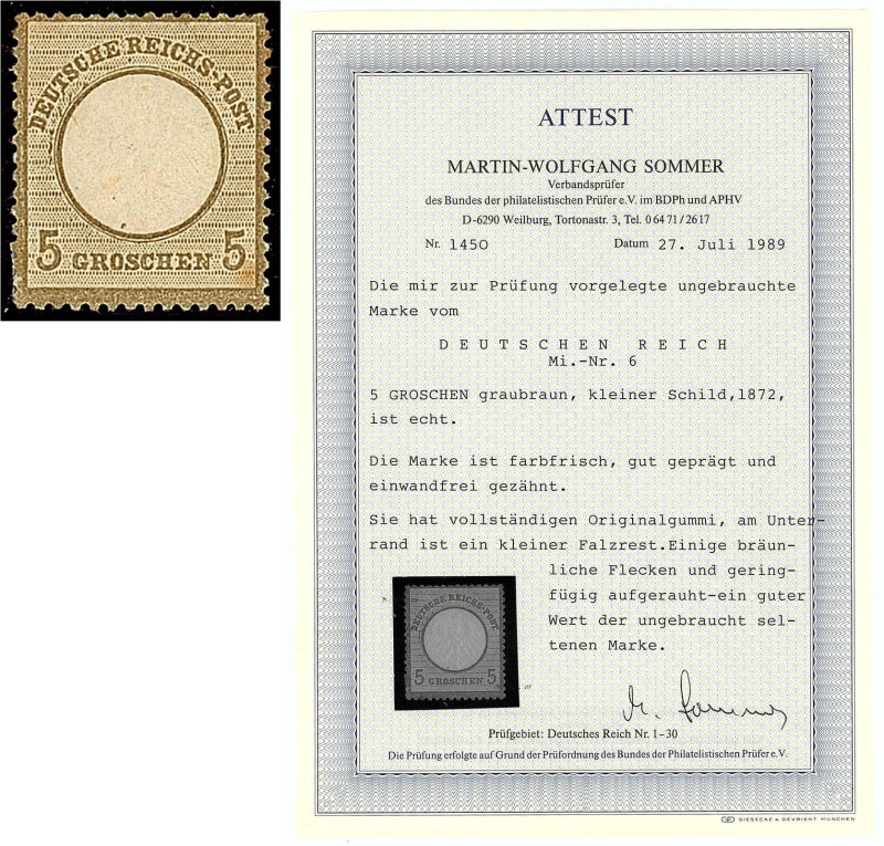 Deutschland
Deutsches Reich
5 Gr. kleiner Brustschild 1872, die Marke ist farb...