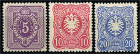 Deutschland
Deutsches Reich
50 Pf., 10 Pf. und 20 Pf. Freimarken (Pfennig) 1880, drei postfrische Werte, die 5 Pf. und 20 Pf. geprüft Zenker BPP. Mi...