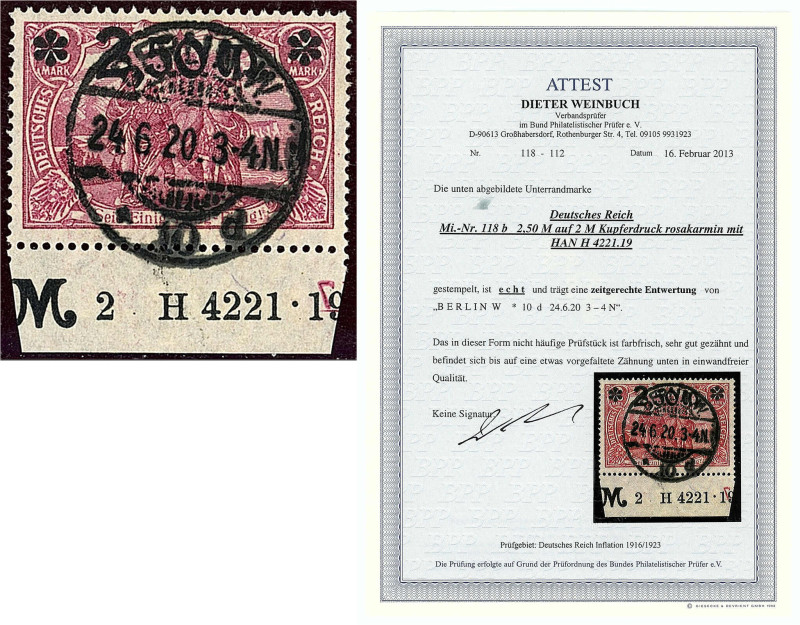 Deutschland
Deutsches Reich
2.50 auf 2 M. Freimarke (Kupferdruck) 1920, traumh...