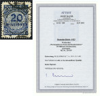 Deutschland
Deutsches Reich
20 Mio. Freimarken 1923, sauber entwertet ,,M.GLADBACH,*1 c, 18.11.23. 5-6N", durchstochene B-Zähnung. Fotoattest Bauer ...