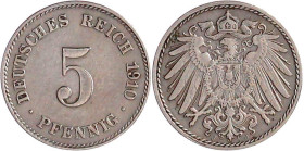 5 Pfennig großer Adler, Kupfer/Nickel 1890-1915
1910 J. gutes sehr schön, selten. Jaeger 12.