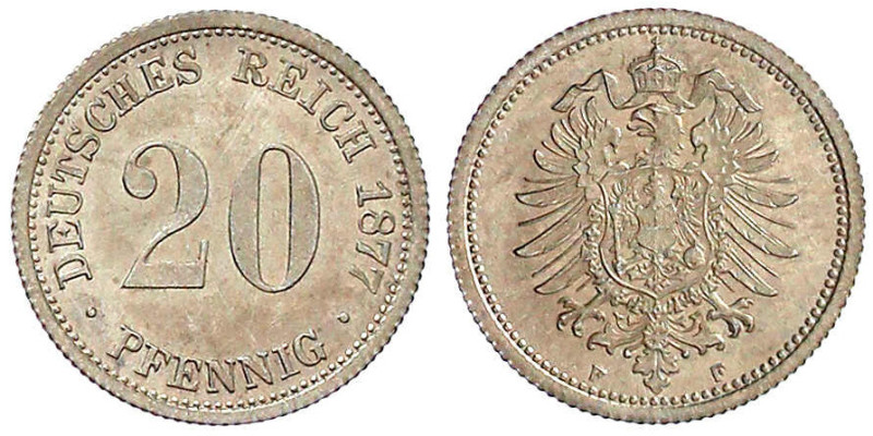 20 Pfennig kleiner Adler, Silber 1873-1877
1877 F. vorzüglich/Stempelglanz, sel...