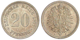 20 Pfennig kleiner Adler, Silber 1873-1877
1877 F. vorzüglich/Stempelglanz, selten. Jaeger 5.
