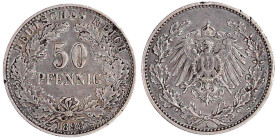 50 Pfennig gr. Adler Eichenzweige Silb. 1896-1903
1898 A. sehr schön, Randfehler. Jaeger 15.