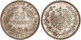50 Pfennig gr. Adler Eichenzweige Silb. 1896-1903
1902 F. Polierte Platte, Prachtexemplar, sehr selten. Jaeger 15.