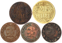 Deutsch-Ostafrika
5 Münzen: 3 X 1 Pesa 1890, 2 X 20 Heller (Messing 1916 J. 727b und augensch. Kupfer J. 727a). meist sehr schön