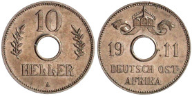 Deutsch-Ostafrika
10 Heller 1911 A, Lochgeld. Polierte Platte, min. berührt, sehr selten. Jaeger 719.