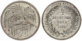 Deutsch-Neuguinea
Neuguinea Compagnie
1/2 Neuguinea-Mark 1894 A, Paradiesvogel. vorzüglich. Jaeger 704.