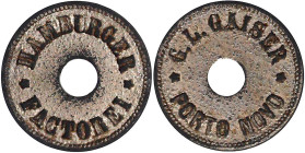 Sonstige deutsche Siedlungen/Besitzungen
Dahomey
Vernickelte Zinkmarke o.J.(um 1900). Hamburger Factorei G.L. Gaiser Porto Novo. Rund, 24 mm mit Mit...