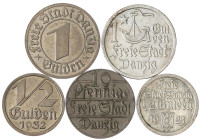 Danzig, Freie Stadt
5 Münzen: 10 Pfennig, 1/2 Gulden und Gulden 1923, 1/2 Gulden und Gulden 1932. sehr schön bis vorzüglich