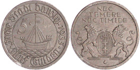 Danzig, Freie Stadt
5 Gulden 1935. Hansekogge. gutes sehr schön, kl. Kratzer, zaponiert. Jaeger D 19.