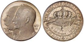Das geplante Königreich Polen
Silbermedaille 1916 v. Fritz König, auf die Erhebung polnischer Gebiete zum Königreich. 33,3 mm, 14,75 g. Polierte Plat...